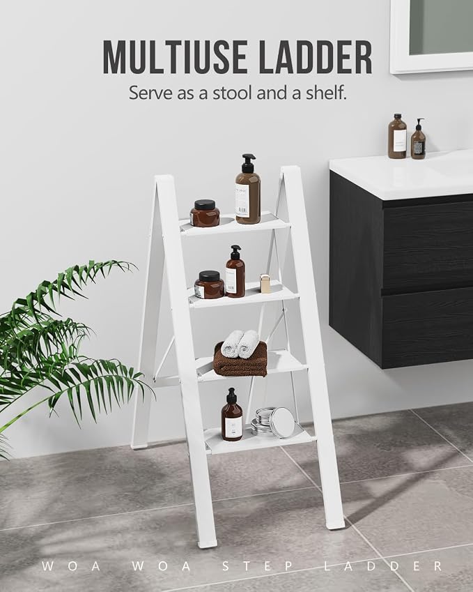 4 Step Ladder, Foldable Step Stool, 300lbs Load, White | Folded 43''H x 2''T; Net 9.9 lbs; Rigid Aluminum Steps; No Assembly; For Home, Kitchen, Office, Pantry, Closets, Cabinets - Image 7