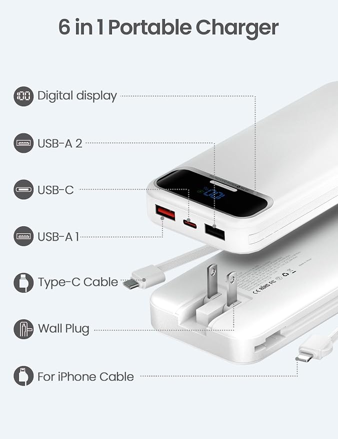 aonidi Portable Charger 12000mAh with Built-in Cables&AC Wall Plug, White | PD20W USB C Fast Charging,LED Display External Travel Power Bank,TSA approved Battery Pack for All iPhone,Samsung,Android - Image 2