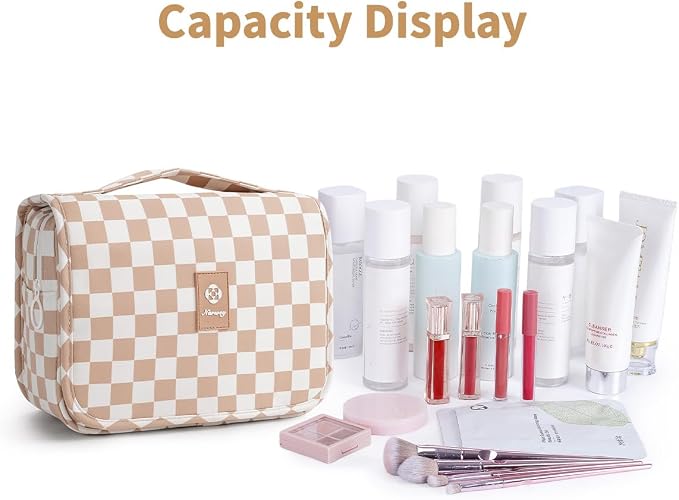 Narwey Small Hanging Travel Toiletry Bag for Traveling Women, Checkered Travel Bag for Toiletries, Makeup Bag Organizer Make Up Cosmetic Bags, Gifts for Kids Teen Girls (Light Brown Checkerboard) - Image 6