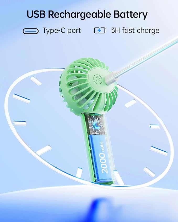 SWEETFULL Mini Portable Fan - Rechargeable Handheld Fan, 3 Speeds Personal Small Hand Gifts for Travel Essentials, Lash, Makeup, Eyelash, Kids, Girls, Women - USB, Cute Design Green - Image 4