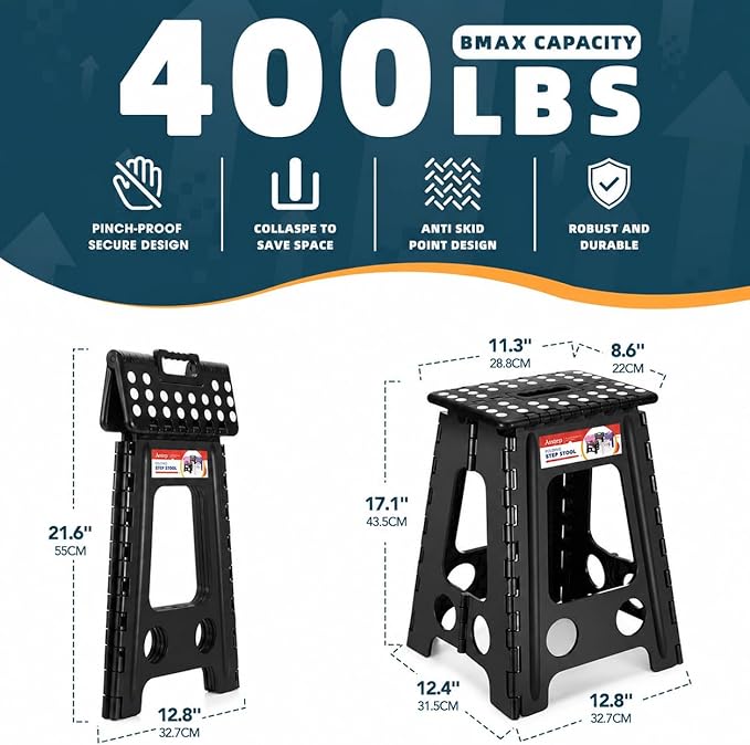 17.5 Inch Heavy Duty Folding Step Stool for Adults, 400 lbs, Black | Collapsible Stepping Stool for Adults with Handle and Non-Slip Surface, for Kitchen, Garage, Bedroom and Outdoor Tasks - Image 6