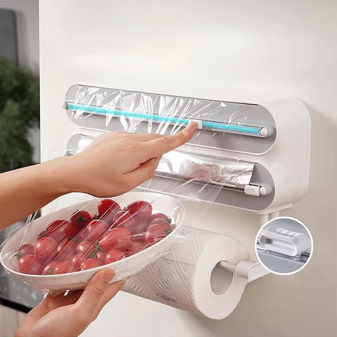 Magnetic Wrap Dispenser with Cutter - 3-in-1 Kitchen Organization and Storage for Plastic Wrap, Aluminum Foil & Paper Towel Holder | Strong Magnet Fridge & Wall Mount (Includes Wrap & Foil) - Image 3
