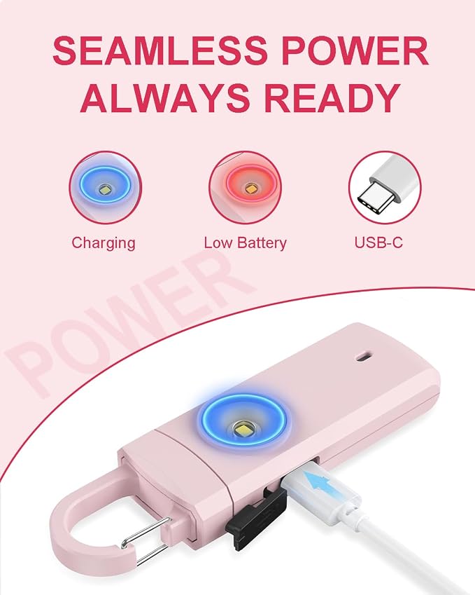 Rechargeable Personal Safety Alarm for Women, 130dB Loud Siren & Strobe | Low Battery Notice, USB C Charging, Keychain Alarm - Image 6