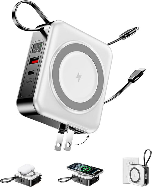 10000mAh for Magsafe Portable Charger Built-in Cables & AC Wall Plug,White | 6-in-1,PD 22.5W USB C Fast Charging,15W Magnetic Wireless Charging,Charge 5 devices at once,LED Display Travel Power Bank by Unknown