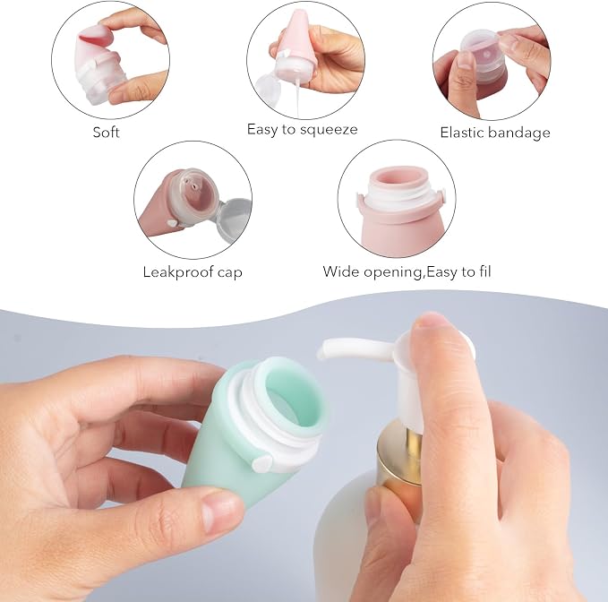 1oz Travel Bottles for Toiletries, Silicone Leak-Proof TSA Approved Travel Size Containers (4-Pack) - Reusable Refillable Bottles for Shampoo, Body Wash, Lotion (#1Whtie Clear Green Pink) - Image 4