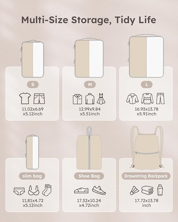 6 Set Compression Packing Cubes for Travel, Bonus Versatile Drawstring Backpack, Lightweight Luggage Organizer Bags, Sturdy Travel Accessories for Suitcase, Beige - Image 5