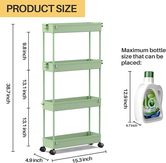 SPACEKEEPER Slim Rolling Storage Cart, 4 Tier Bathroom Cart Organizer,Green | Narrow Rolling Cart with Wheels for Kitchen Office Bathroom Laundry Room,Mobile Utility Cart for Craft Art Makeup Nail Polish - Image 4