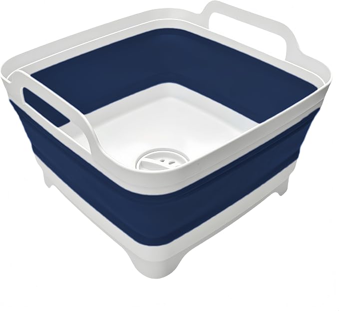 Collapsible Wash Basin 9L, Foldable Dish Tub with Drain Plug, Portable Collapsible Dish Basin, Camping Sink for Washing Dishes, Laundry & Kitchen Use (Navy Blue) by MontNorth