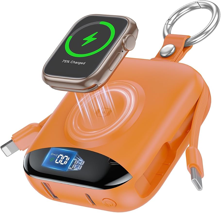 citicr Portable Charger 10000mAh w/Built-in Cables & iWatch Charger Orange | Fast charging, Built-in cables, LED display, Charge 5 devices at once, Ring buckle, TSA approved, Pocket size, Charge iWatch by CITICR