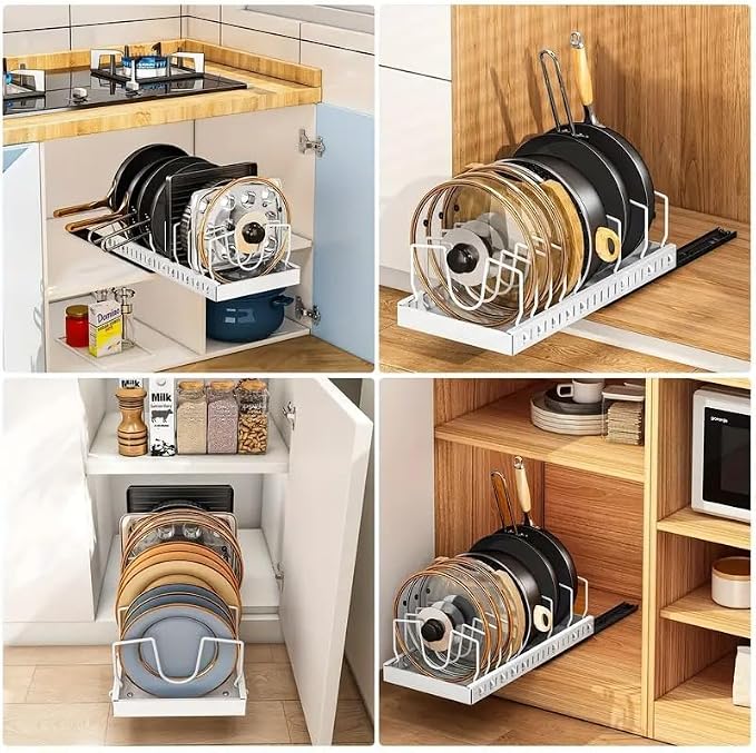 2 Pack Pull Out Pots and Pans Organizer for Cabinet & Countertop, Kitchen Cabinet Organizer with 8 Adjustable Dividers, Storage for Pot Lid, Dishes, Bakeware, White - Image 9