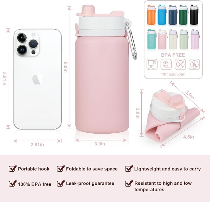 PLTCAT Collapsible Water Bottle, 19oz Foldable Bottle BPA Free Reusable Lightweight Leak-Proof Travel Silicone Water Bottle for Travel, Gym, Hiking, Office, Camping - Image 4