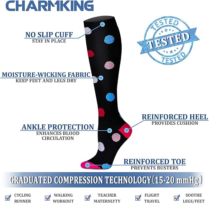 CHARMKING Compression Socks for Women & Men Circulation (8 Pairs) 15-20 mmHg Best Calf Socks Support for Athletic Cycling - Image 4