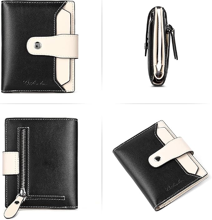 BOSTANTEN Leather Womens Wallet Small RFID Blocking Credit Card Holder | Removable ID Window, Zipper Coin Pocket, Bifold, Minimalist, Fits Small Purses, Daily Use, Ladies Gifts, Black-Beige - Image 5