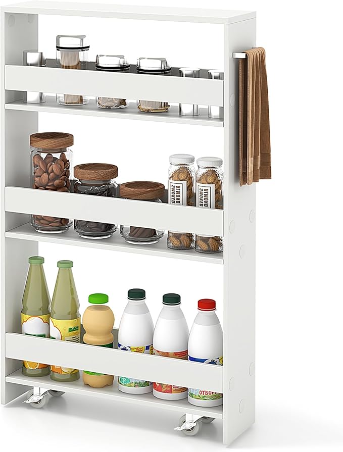 COSTWAY Slim Rolling Storage Cart, 4-Tier Rolling Utility Cart, Wood Kitchen Storage Cart with Handle & Wheels, Narrow Rolling Shelving Unit for Kitchen Bathroom Laundry Small Places (Plain White) by COSTWAY