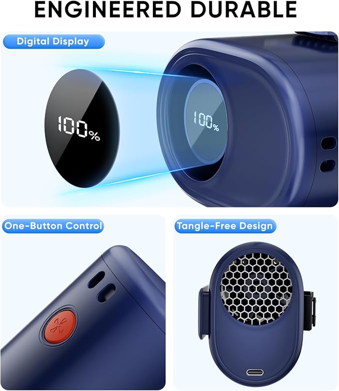 AI Portable Waist Fan, 6-Speed 15,000RPM Strong Turbo Airflow, 30H Cooling Battery Powered Personal Fan Rechargeable, Wearable Hands-Free Shirt/Belt/Body Fan for Travel, Work, Outdoor, Blue - Image 5