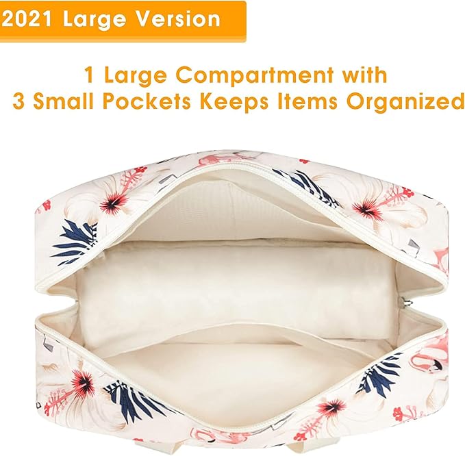 Narwey Full Size Toiletry Bag Women Large Cosmetic Bag Travel Makeup Bag Organizer Medicine Bag for Toiletries Essentials Accessories (Large, Beige Flamingo) - Image 3