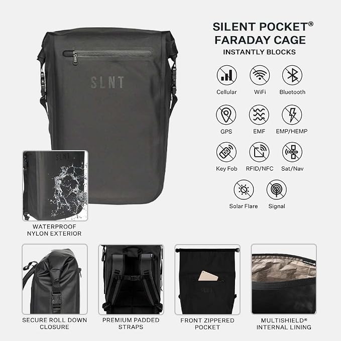 SLNT Faraday Backpack - Waterproof Signal Blocking Dry Bag (20 Liter) | Fits 17 Inch Laptop, Padded Shoulder Straps, 400D Waterproof Nylon TPU, RF-Welded Seams, Roll-Top Closure - Image 3
