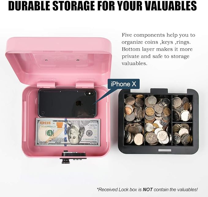 KYODOLED Medium Cash Box with Combination Lock Safe Metal Money Box with Money Tray for Security Lock Box 7.87x 6.30x 3.54Inch Pink Medium - Image 2