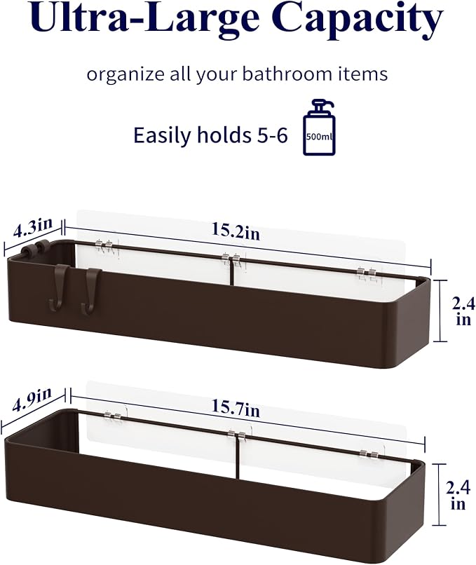 Kitsure Shower Caddy Adhesive, Stylish Shower Organizer, XX-Large, Brown | 2 Pack Shower Shelf for Inside Shower, 100% Rustproof Metal Shelves, No-Drill Bathroom Organizers and Storage - Image 3