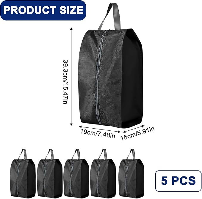 5Pcs Large Travel Shoe Bags Portable Travel Gifts Shoe Organizer with Zipper Closure, Waterproof Nylon Shoe Storage Organizer with Handle Travel Bags For Men and Women, Black - Image 2