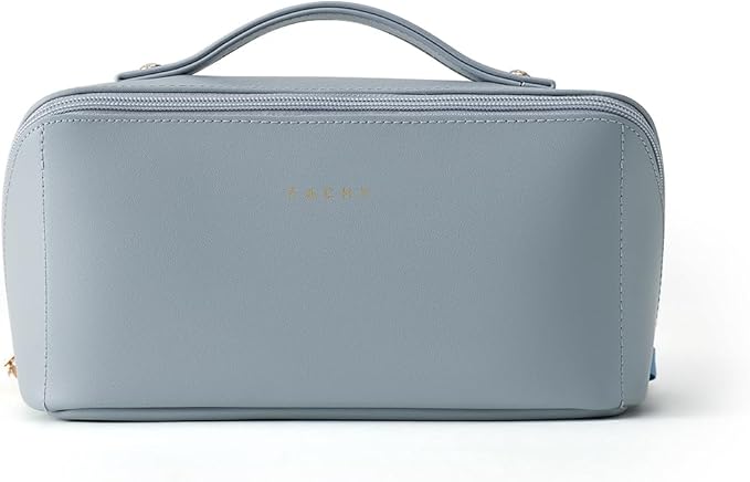 EACHY Travel Makeup Bag for Women, Flat Open Cosmetic Bag, Blue, Medium | PU leather organizer with flat-open access, storage pockets and clear TPU brush compartment for daily makeup and toiletries - Image 5