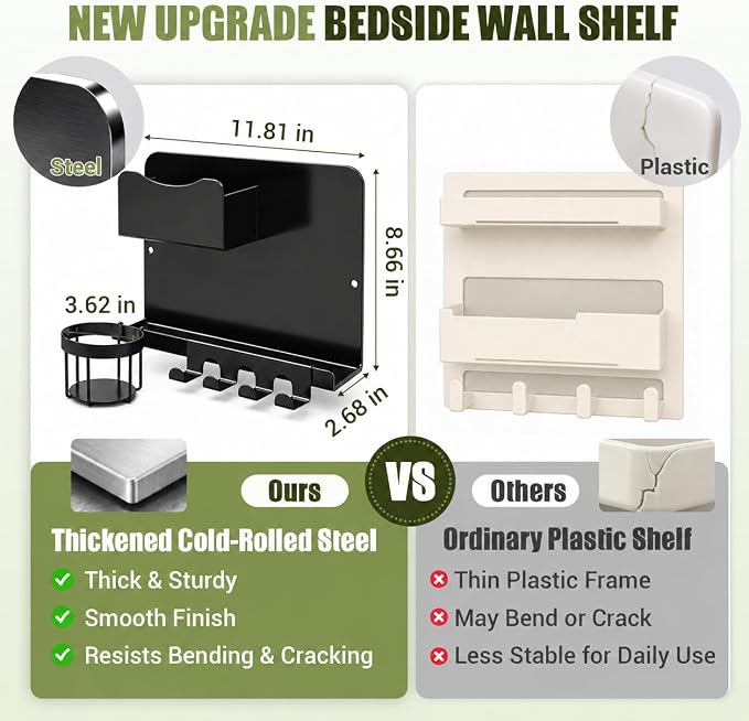 Floating Bedside Wall Shelf, Metal Wall Organizer with Detachable Cup Holde | No Drill Floating Wall Mounted Storage for Bedroom, Dorm, Loft Bed, Bunk Bed & Small Space Organization - Image 2