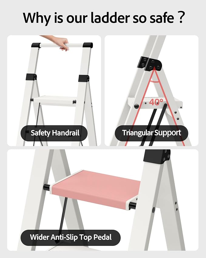 Taranta 4 Step Ladder,Lightweight Aluminum Step Stool Foldable -White | Lightweight Folding Ladder with Handgrip,Wide Top Pedal,330lbs Capacity Stepladder for Home,Office,Kitchen - Image 3