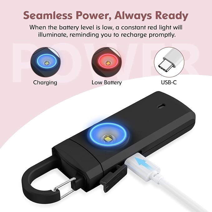 Rechargeable Personal Alarms for Women - Christmas Birthday Gifts for Women, Stocking Stuffers for Teen Girl, Daughter, Safety Keychain Flashlight, Siren Alarm, Travel College Essentials (Black) - Image 3