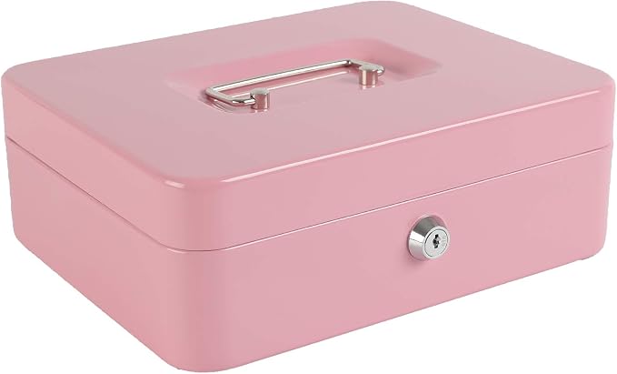 xydled Large Cash Box with Lock, Removable Coin Tray, Steel Money Box, Pink | Steel Cash Box with Key Lock, Removable Tray & Carry Handle, for Office, Retail, Home, and Money Storage, 9.8"x 7.8"x 3.5" - Image 8