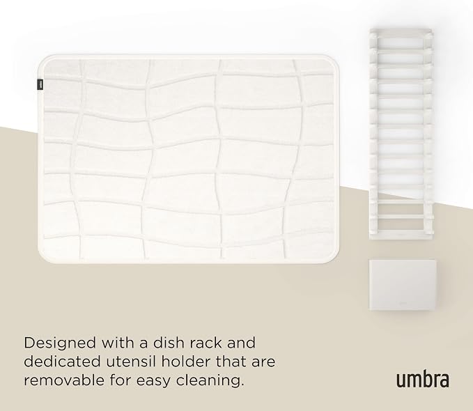 Umbra Udry Dish Drying Rack with Microfiber Mat, Foldable Drainer, Sand | Machine washable, protects countertops, utensil holder, compact space saving design - Image 6