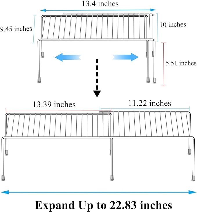 Kitchen Cabinet Expandable Shelf Organizers Set of 2, Adjustable Metal Wire Pantry Storage Shelves, Plate Dish Organizer Rack for Cabinets, Cupboard, Counter, Freezer, Countertop, Chrome - Image 3