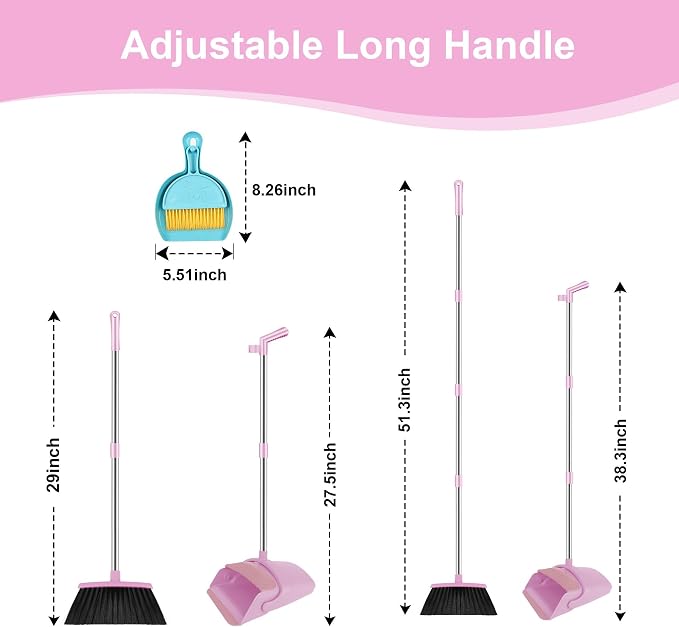 Pink Broom and Dustpan Combo Set, 51" Long Handle Broom with Mini Set | Mini Set for Tables, Kitchens & Tight Spaces, Built-in Comb Dustpan, Foldable Space-Saving Storage, Multi-Surface Use - Image 3