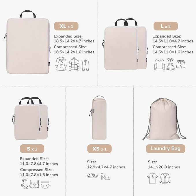 7 Set Packing Cubes for Travel Women, Suitcase Organizer, Beige | Travel Essentials for Suitcase, Luggage Organizer Bags for Travel with Shoe Bag, Travel Bags for Shoes, Clothing - Image 2