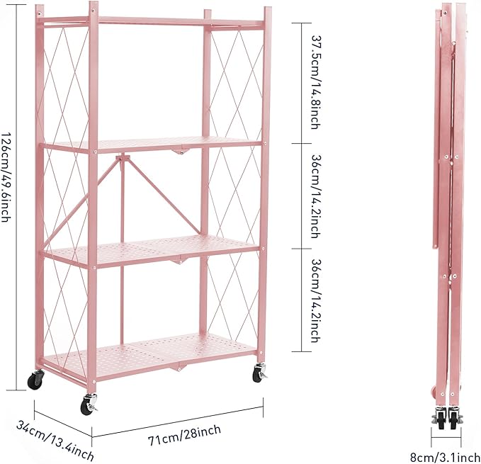 BRIAN & DANY 4-Tier Foldable Storage Shelves with Wheels, Folding Metal Rack Shelving Unit, Heavy Duty No Assembly Organizer Shelf for Garage, Kitchen, Basement, Pantry, Pink - Image 3