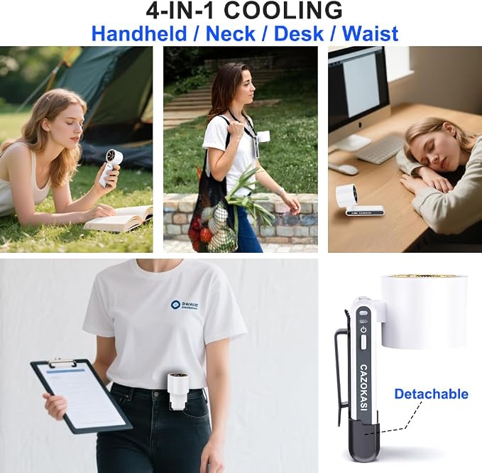 CAZOKASI Rechargeable Strong Wind Handheld Fan With Ambient Lighting 4 IN1 5000mAh Upto 22H For Desktop Waist Clip Neck (StrongWind/White) - Image 4