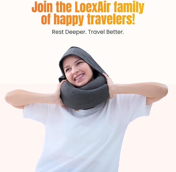 LOEXAIR™ Travel Pillow, Neck Pillow Travel for Airplane, Car - 100% Cotton Fabric & Memory Foam Plane Pillow, Lightweight & Easy-to-Carry on Flight, Full Travel Set (Eye Mask, Earplugs) - Dark Grey - Image 9