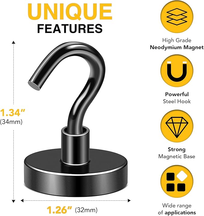 DIYMAG Magnetic Hooks 20pcs 120lbs Cruise Essentials 2026 Magnet Hook Black | Neodymium Heavy Duty Strong Magnets Hanging Ship Cabins Refrigerator Fridge Classroom Beach Vacation Kitchen Grills Home Tool - Image 2