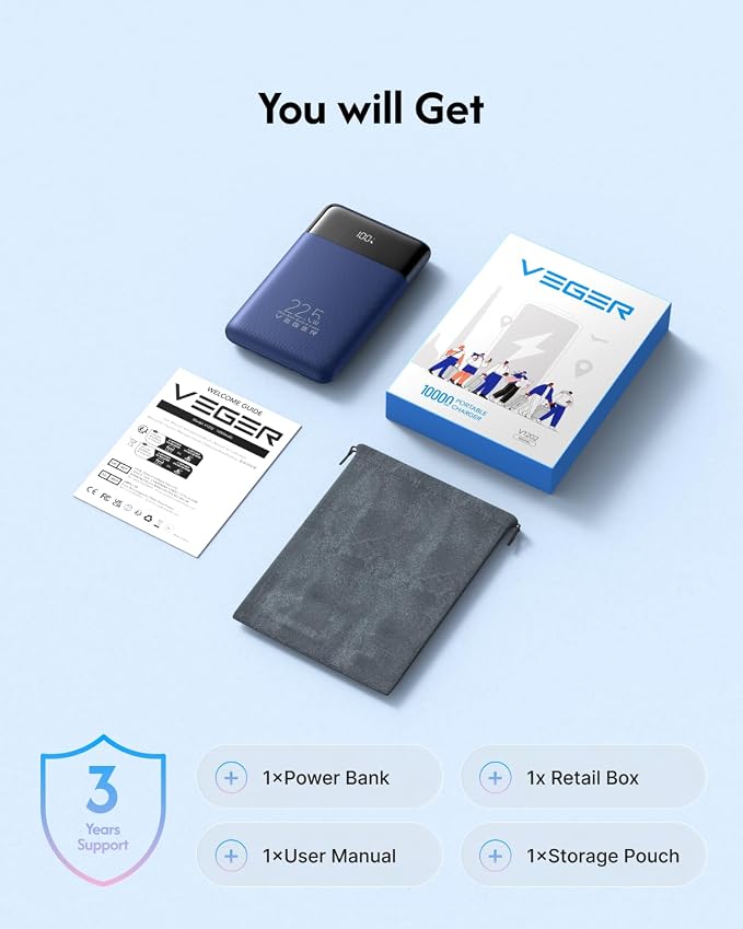 VEGER 10000mAh 22.5W Fast Charging Portable Charger with Built-in Cables | 0.4lb Slim USB C Power Bank, Small Battery Pack for iPhone 17/16/15/14 iPad Samsung, Flight Safe, Travel Essential, Navy Blue - Image 9
