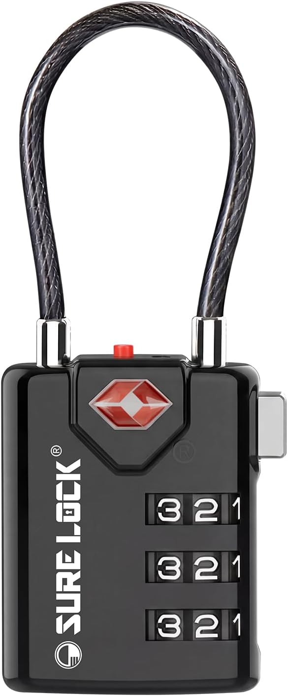 SURE LOCK TSA Approved Luggage Locks with Open Alert Indicator, 3 Digit Combination Cable Travel Lock for Suitcase, Backpack, Gym Locker, Toolbox & Travel Bag（1 Black） by Hopeyoucanstaysafe