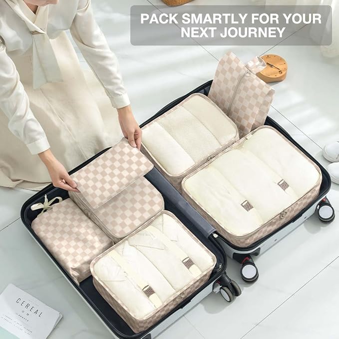 8 Set Packing Cubes for Suitcases,Packing Cube with Shoe, Cosmetics, Clothing, and Accessories Bags Packing Cubes for Travel Luggage Organizer Women Men(Khaki Grid-A) - Image 7