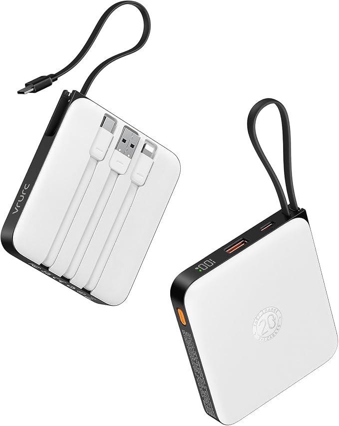 VRURC Battery Pack Portable Charger 10000mAh, 22.5W Fast Charging | Power Bank with Built-in Cable, LED Display for Cell Phone, for iPhone 17 16 15, Samsung Galaxy and USB-C Devices (White) by Home