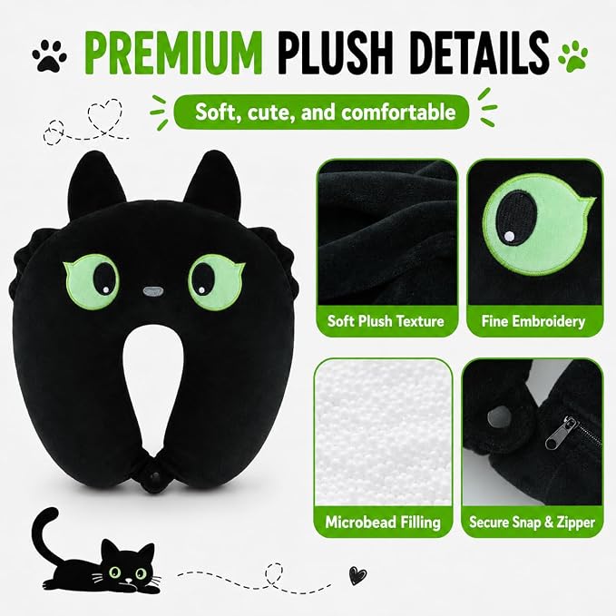 2-in-1 Travel Pillow for Kids & Adults Car Neck Pillow Memory Cotton U-Shaped Neck Pillow Soft Head Support Travel Accessories for Airplane Car Train Bus Airplane Pillow (cat) - Image 5