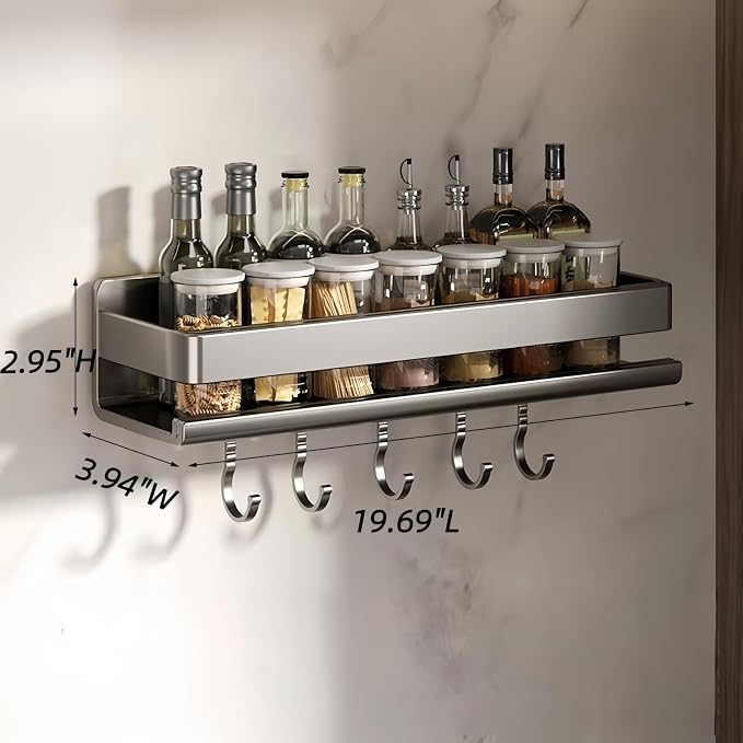 Carbon Steel Spice Rack, 19.69 inch, Wall Mounted, Dark Gray | Heavy Duty No Drill Shelf Rustproof Kitchen for Bathroom, Cabinet, RV, Apartment - Image 2