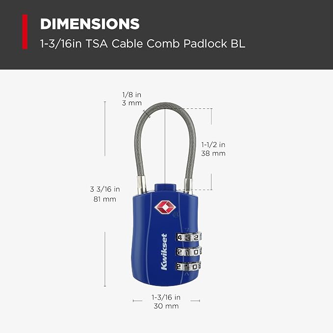 Kwikset TSA Approved Combination Luggage Lock with Cable, 2-Pack, Blue | Blue Pair Spots Your Bags Fast at Baggage Claim; Flexible Cable Shackle and Resettable Code, 1-3/16 in Body - Image 3