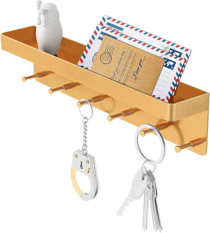 MKO Key Holder for Wall, Mail Organizer and Key Rack with Tray for Hallway, 6 Key Hooks Wall Mount Adhesive(Gold) | Metal Material, Key Rack with Shelf, Wall Mount, Mail Organizer Tray, Suitable for Entryway, Hallway, Living Room by MKO