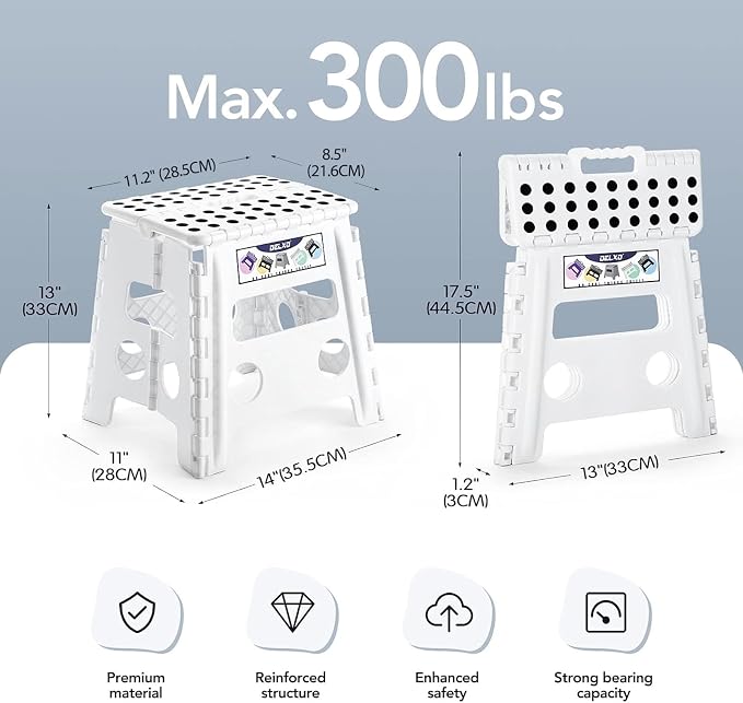 Delxo Folding Step Stool 13 Inch,300 Lbs Step Stool for Adults White | Foldable Step Stool 13",Non-Slip Foot Stools with Handle,Lightweight Collapsible stools for Kitchen,Bathroom,Bedroom,Garden - Image 2