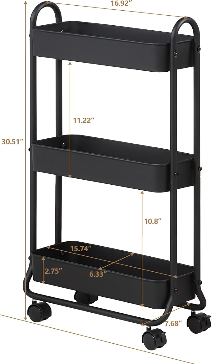 SunnyPoint Slim Rolling Storage Cart, 3 Tier Bathroom Storage Organizer Bathroom, Laundry Utility Cart (Black) - Image 6