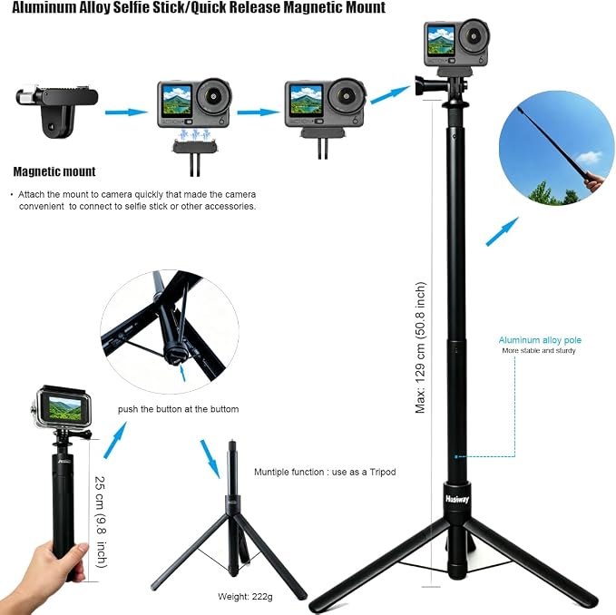 Accessories Kit for DJI Osmo Action 6 Aluminum Alloy Bike Mount Selfie Stick Tripod, Waterproof Housing, Magnetic Mount with Chest Strap, Head Mount, Carrying Case DJ6B (DJI OSMO ACTION6) - Image 3