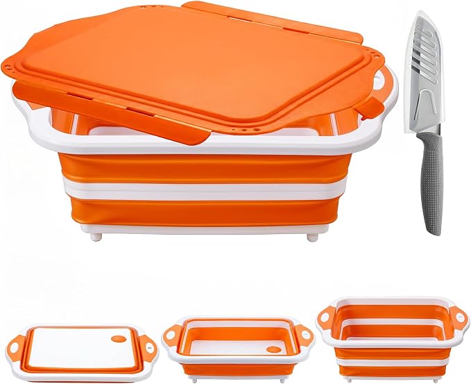 Collapsible BBQ Prep Tub with Lid, Foldable Camping Sink with Colander, Cutting Board, Dish Basin for Kitchen, Bowl, Vegetable and Fruit, Storage Basket for Picnic-Orange by ROTTOGOON