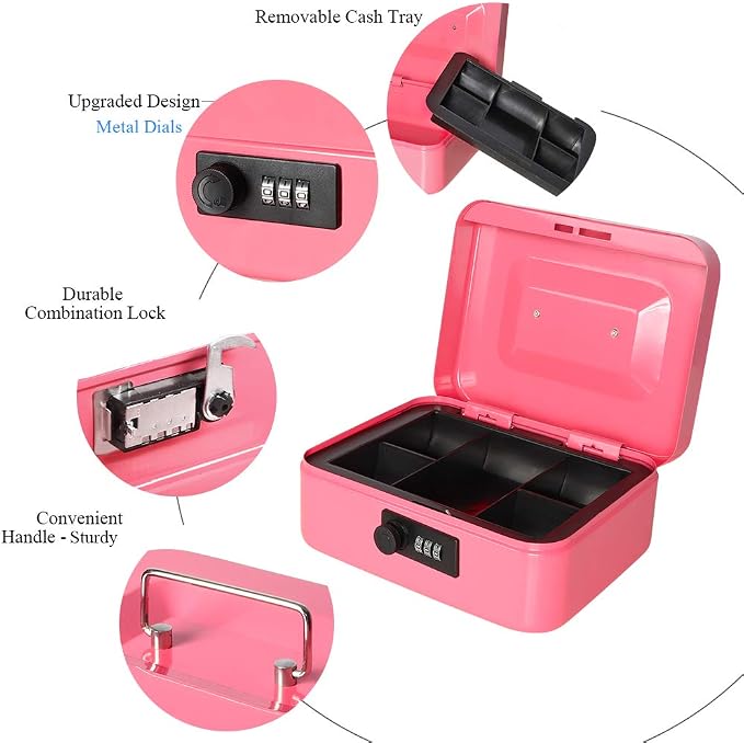 Jssmst Medium Cash Box with Combination Lock - Durable Metal Cash Box with Money Tray Pink,7.87 x 6.3 x 3.35 inches,CB0704M - Image 2